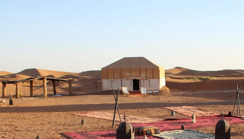 Erg Lihoudi desert dunes near Zagora with luxury camp and sunset view